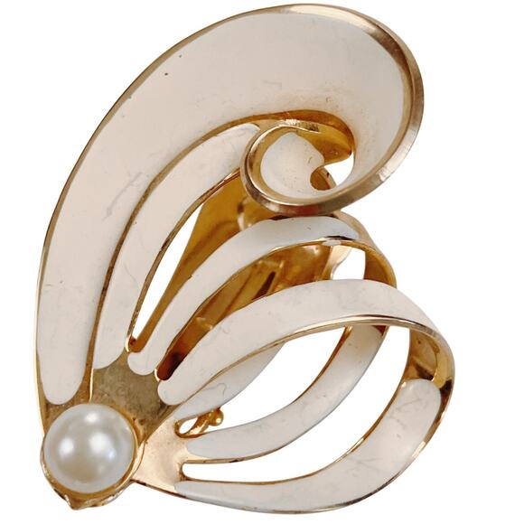 VTG 1980s Clip On Earrings Gold Tone White Enamel Pearl Retro Revival Sculptural - Picture 5 of 14
